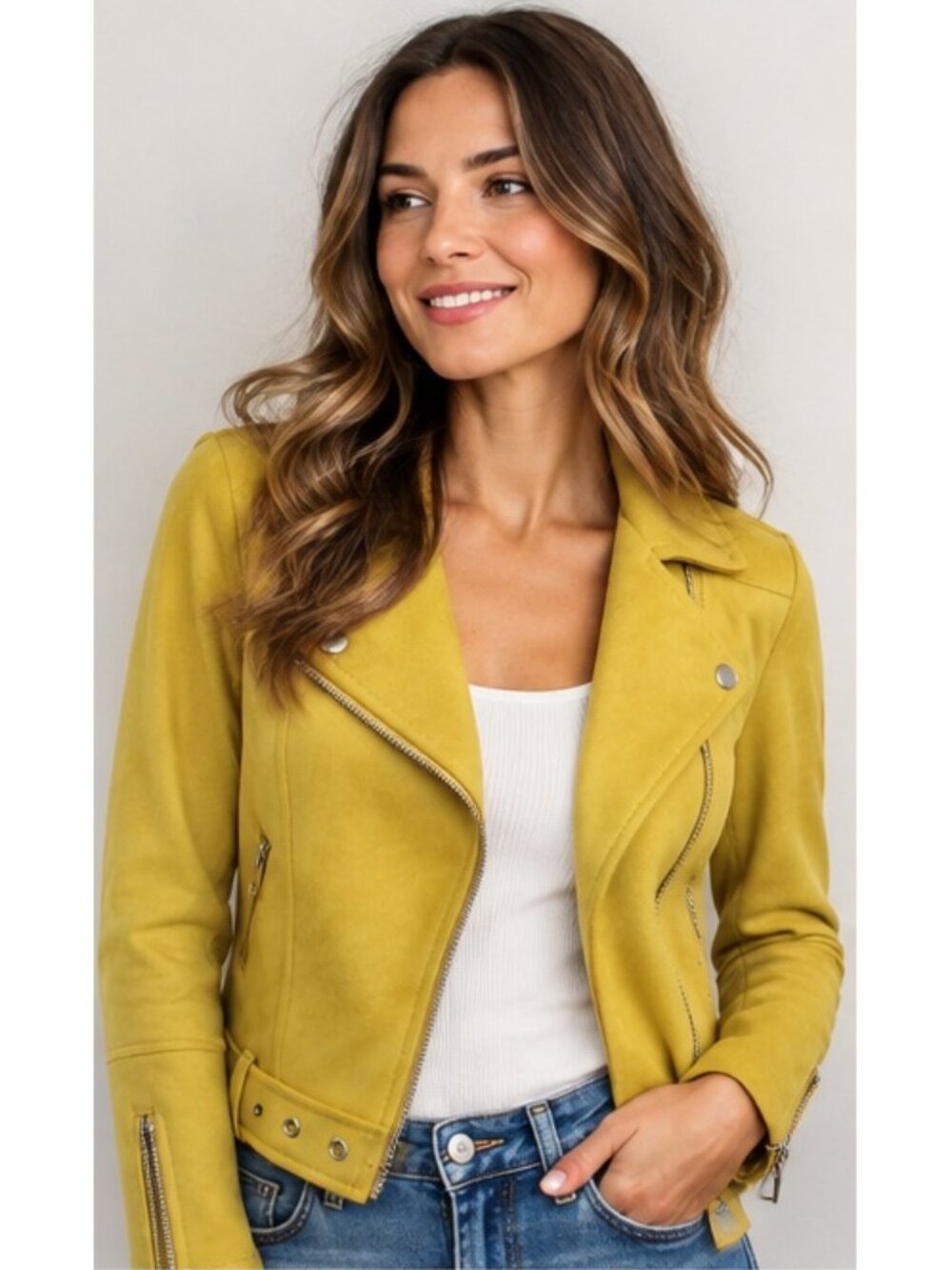 Blashe Mustard Yellow Faux Suede Moto Biker Jacket Size S Belted Zip Y2K
